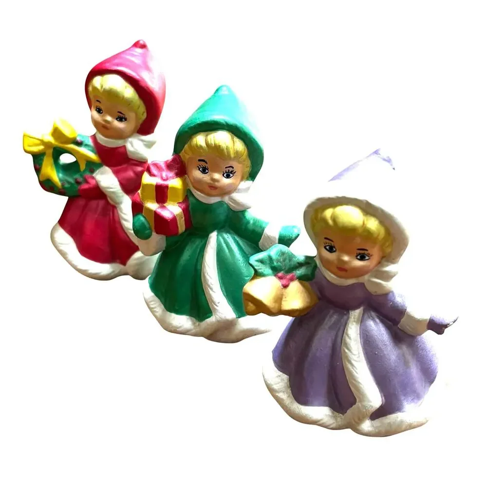 Vintage Christmas Girls Trio of ceramic holiday figures signed red green purple